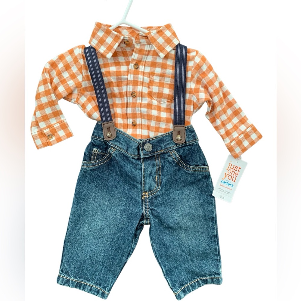 Carter's Orange Plaid Shirt and Denim Suspender Pants Set size 3 months